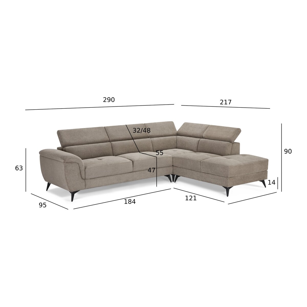 Ecksofa Sibet Rechts Taupe - mit OEKO-TEX Bezug & Kopfstütze