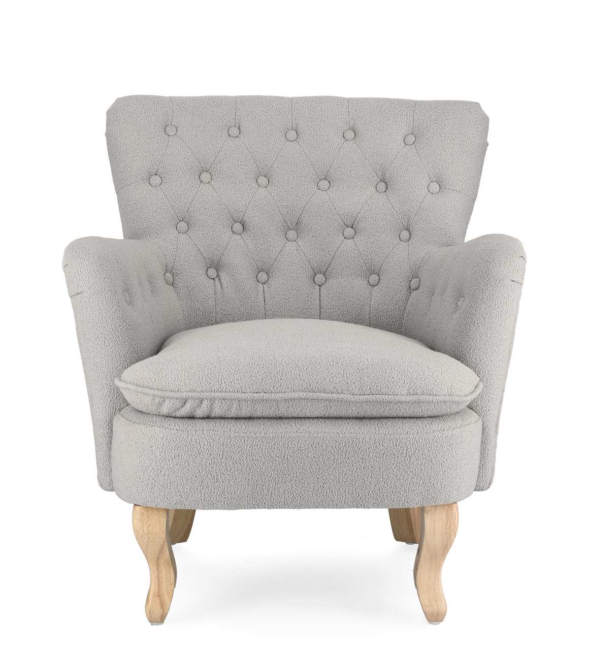Der Sessel Orlins überzeugt mit seinem modernen Stil. Gefertigt wurde er aus Bouclè-Stoff, welcher einen grauen Farbton besitzt. Das Gestell ist aus Kiefernholz und hat eine natürliche Farbe. Der Sessel verfügt über eine Armlehne.
