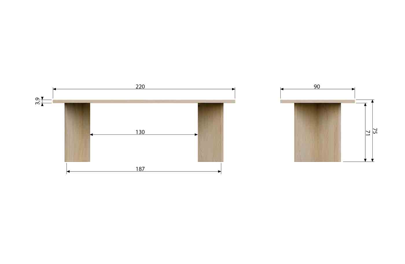 Hochwertiger Esstisch Eiche Angle in 220cm Länge mit feinem Echtholzfurnier. Tischplatte und Gestell in Eichenholz gefertigt