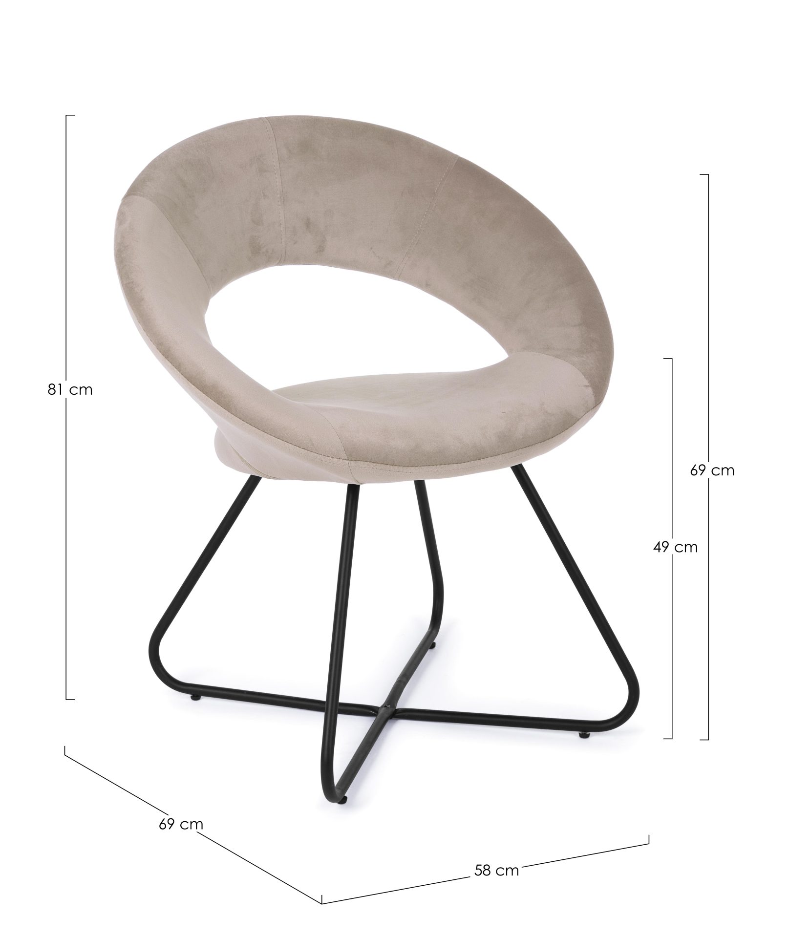 Der Sessel Vanity überzeugt mit seinem modernen Design. Gefertigt wurde er aus Stoff in Samt-Optik, welcher einen Taupe Farbton besitzt. Das Gestell ist aus Metall und hat eine schwarze Farbe. Der Sessel besitzt eine Sitzhöhe von 49 cm. Die Breite beträgt