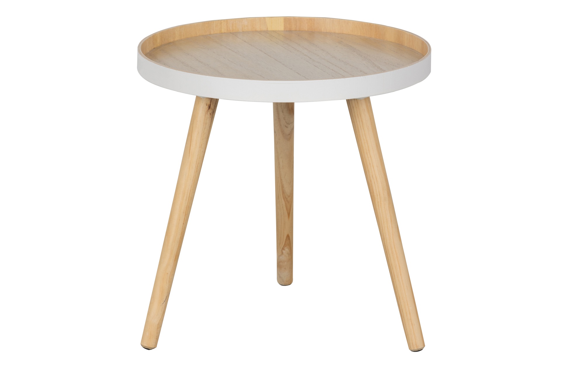 Der Couchtisch Sasha besitzt eine runde Form. Der Tisch ist in einem weißen Farbton, nur die Tischplatte ist natürlich gehalten und schafft einen schönen Kontrast.