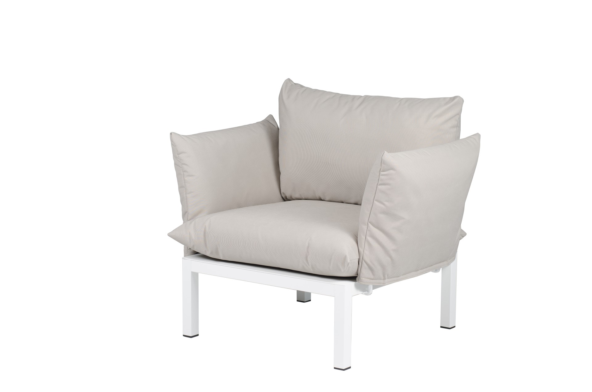 Die Gartenlounge Domino bestehend aus einer 5er-Kombination und einem Sessel. Damit ist sie ein echter Hingucker in deinem Garten. Designet wurde es von der Marke Jan Kurtz. Das Gestell ist aus Aluminium und hat eine weiße Farbe. Der Bezug ist Taupe.