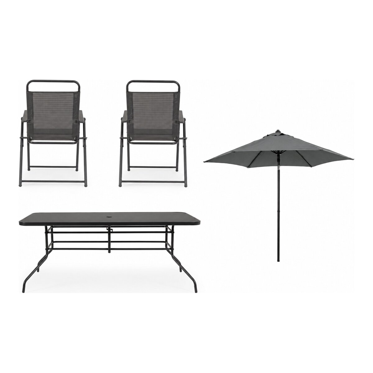 Garten-Set Pompei aus Metall, klassisch, anthrazit, mit Tischplatte aus Glas und Sonnenschirm