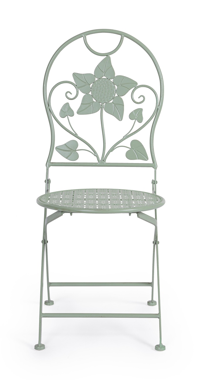Der Gartenstuhl Harriet überzeugt mit seinem modernen Stil. Gefertigt wurde er aus Metall, welches einen Salbei Farbton besitzt. Das Gestell ist auch aus Metall und der Stuhl ist klappbar.