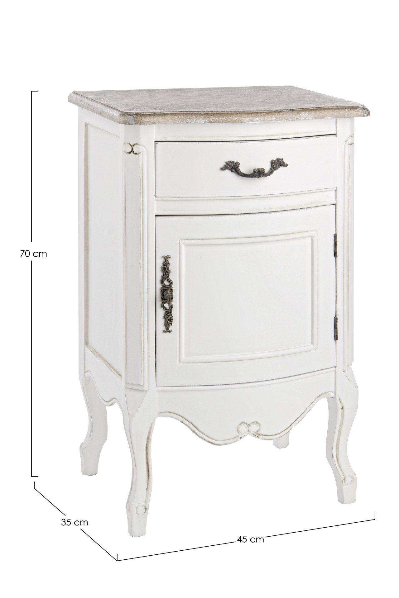Der Nachttisch Justine überzeugt mit seinem klassischen Design. Gefertigt wurde er aus Paulowniaholz, welches einen weißen Farbton besitzt. Das Gestell ist auch aus Paulowniaholz. Der Nachttisch verfügt über eine Schublade und eine Tür. Die Breite beträgt
