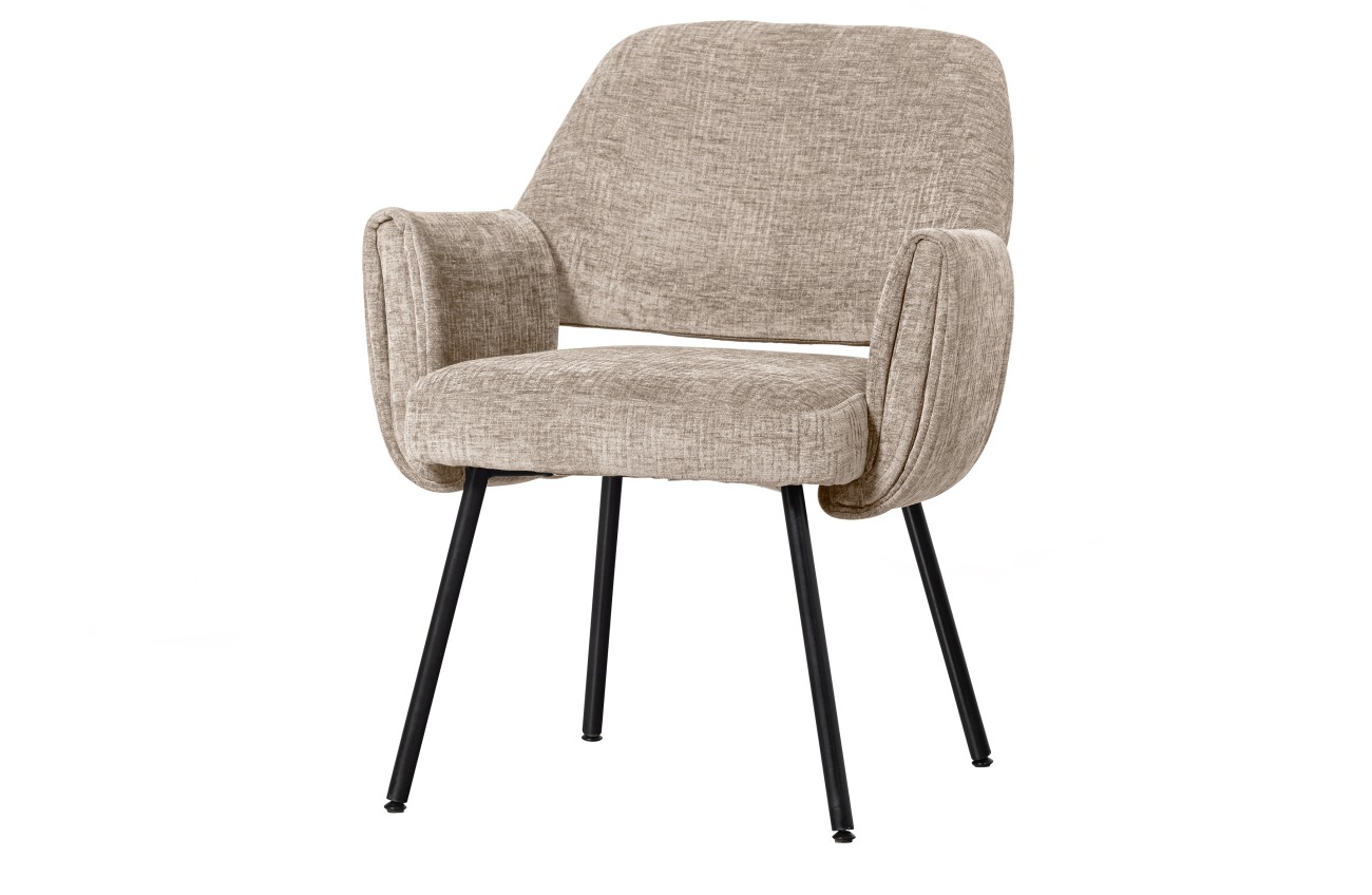 Der Esszimmerstuhl Silk überzeugt mit seinem modernen Stil. Gefertigt wurde er aus groben Occa-Samt, welches einen Beigen Farbton besitzt. Das Gestell ist aus Metall und hat eine schwarze Farbe. Der Stuhl verfügt über eine Sitzhöhe von 44 cm.