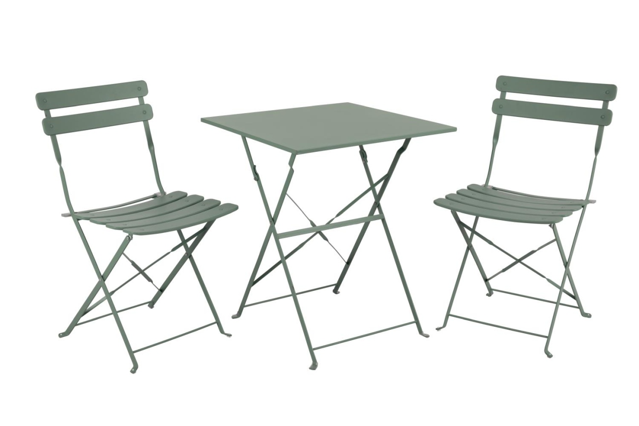 Das Garten-Set Ponte überzeugt mit seinem modernen Design. Gefertigt wurde er aus Aluminium, welches einen grünen Farbton besitzt. Das Gestell ist auch aus Aluminium. Das Set wird mit zwei Stühlen und einem Tisch geliefert.