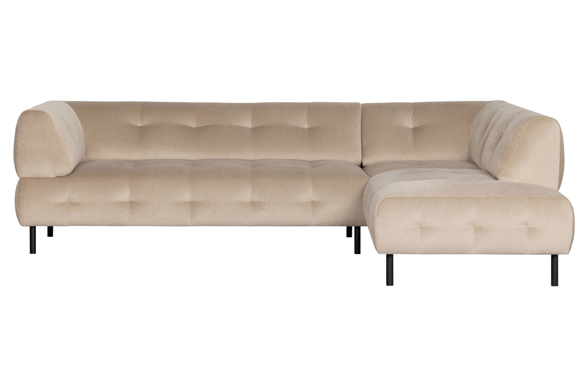 Das Ecksofa Lloyd überzeugt mit seinem modernem Design. Gefertigt wurde das Sofa aus einem Samt Bezug, welcher einen Sand Farbton besitzt. Die Beine sind aus Metall und sind schwarz.