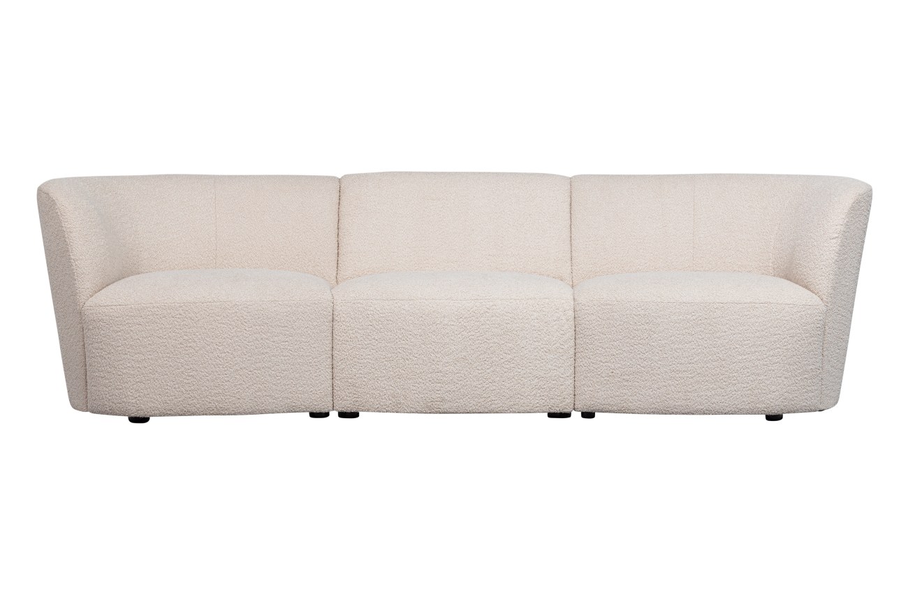 Das Sofa Coco überzeugt mit seinem modernen Design. Gefertigt wurde es aus Boucle-Stoff, welches einen Creme Farbton besitzt. Die Füße ist aus Kunststoff und hat eine schwarze Farbe. Das Sofa hat eine Größe von 227x72x70 cm.