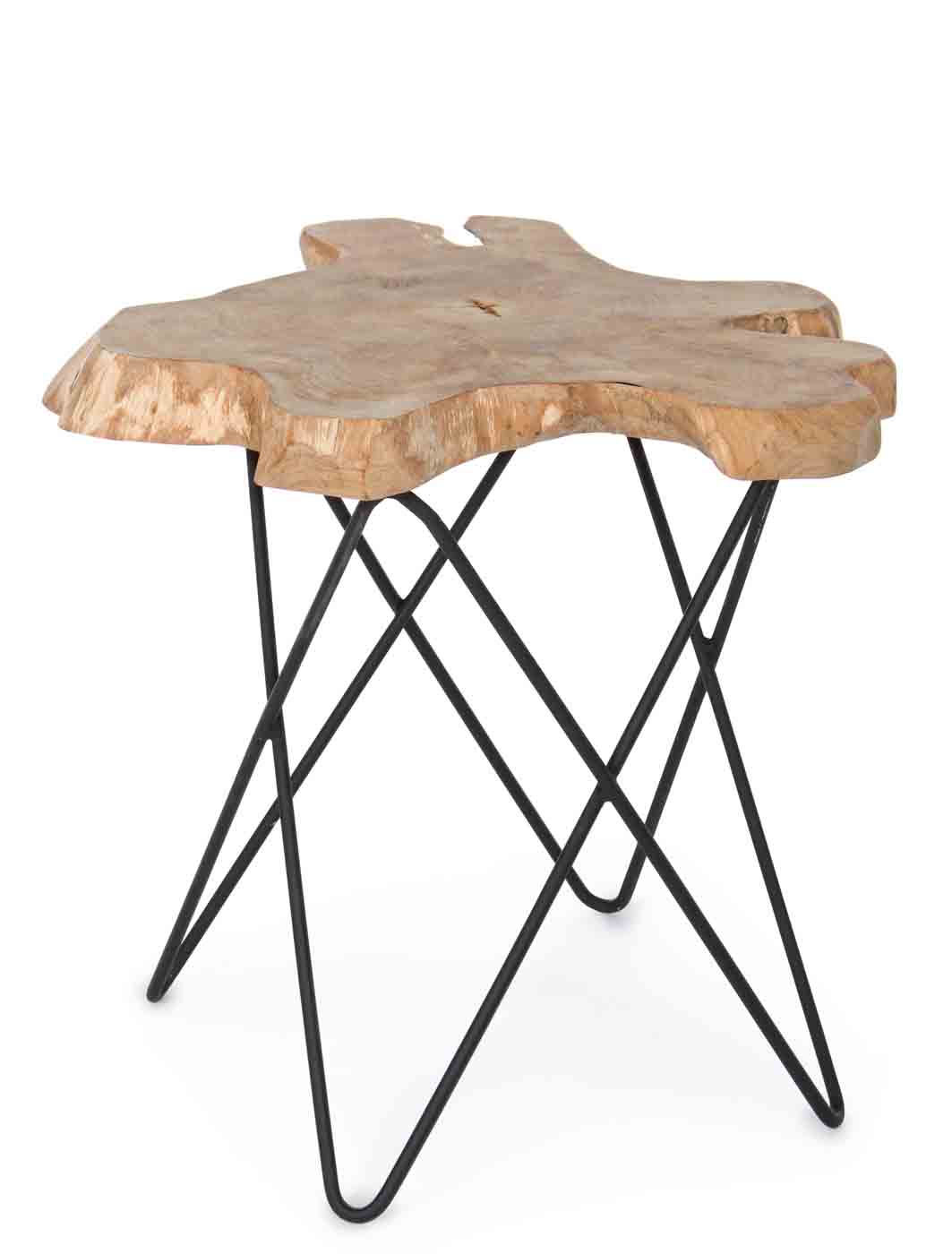Die Tischplatte des Couchtisches Savanna wurde aus einer Teakholz-Wurzel gefertigt, dadurch ist jeder Tisch ein Unikat. Das Gestell ist aus Stahl und ist in einem schwarzem Farbton.