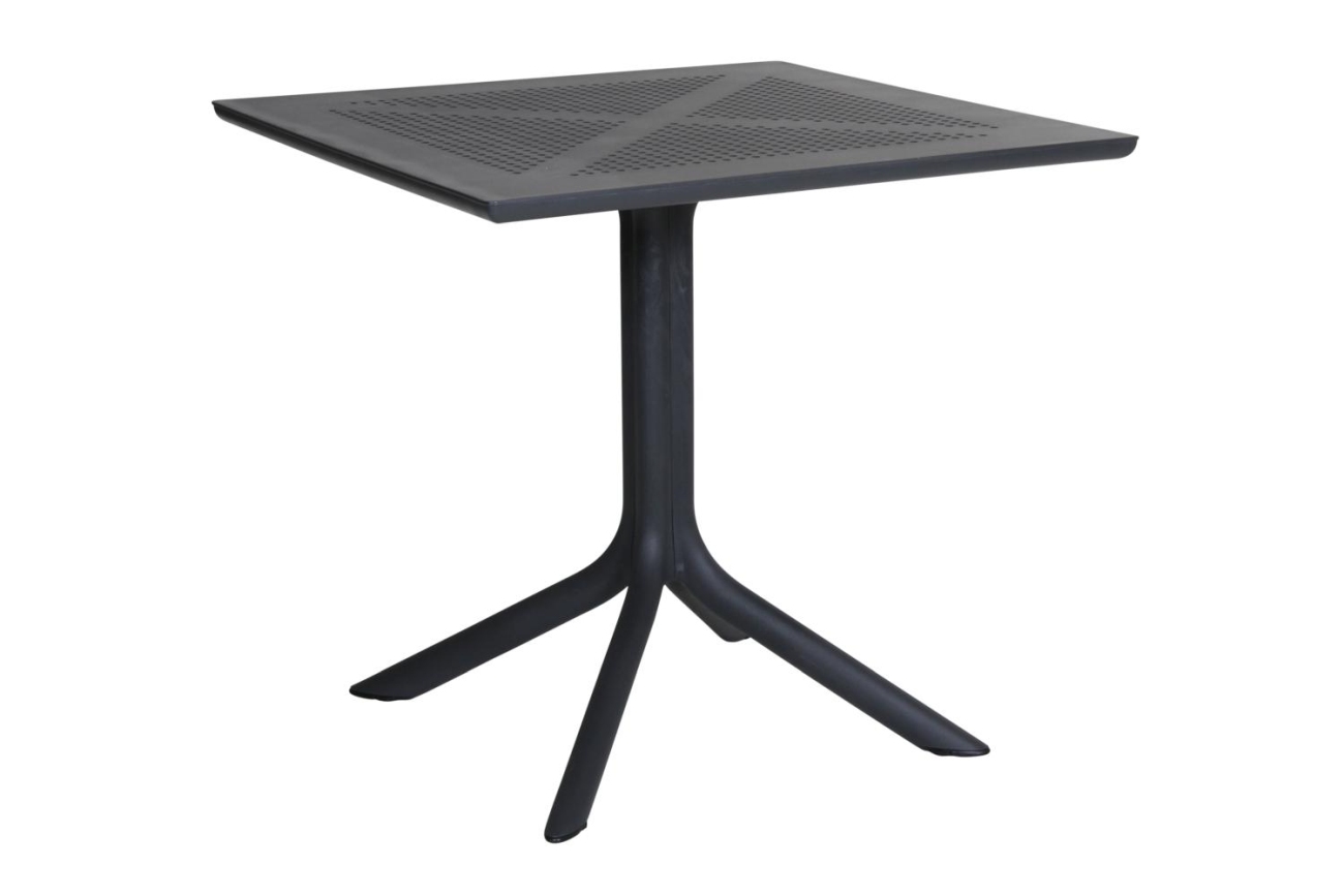 Der Gartenesstisch Clip überzeugt mit seinem modernen Design. Gefertigt wurde die Tischplatte aus Metall, welche einen Anthrazit Farbton besitzt. Das Gestell ist auch aus Metall und hat eine Anthrazit Farbe. Der Tisch besitzt eine Länge von 80 cm.