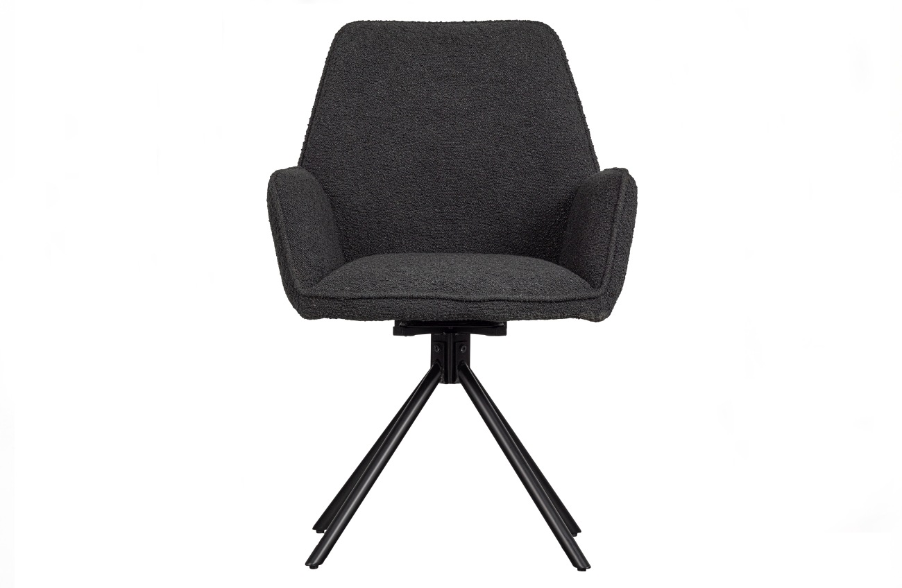 Der Esszimmerstuhl Amber überzeugt mit seinem modernen Design. Gefertigt wurde er aus Boucle Stoff, welcher einen dunkelgrauen Farbton besitzt. Das Gestell ist auch aus Metall und hat eine schwarze Farbe. Die Sitzhöhe des Stuhls beträgt 49 cm