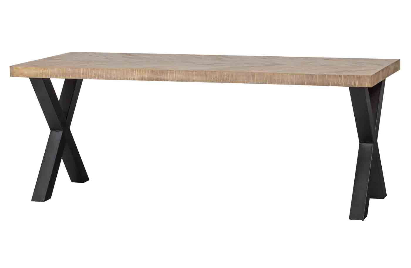 Esstisch Tablo mit einer Mangoholz Tischplatte und schönem Fischgrätenmuster Oberfläche inkl. Metallgestell 2er Set X-Gestell in Schwarz