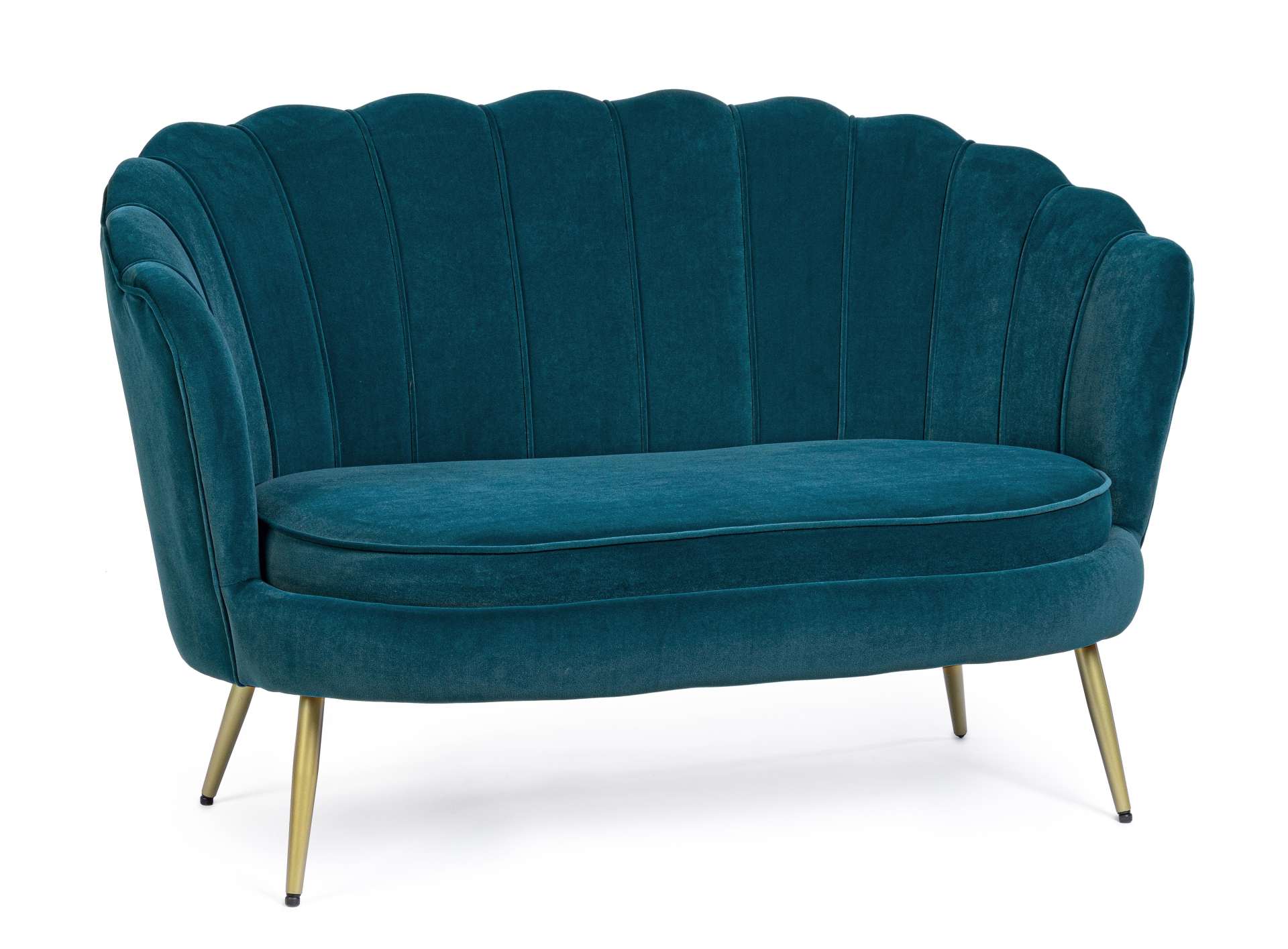 Das Sofa Giliola überzeugt mit seinem modernen Design. Gefertigt wurde es aus Stoff in Samt-Optik, welcher einen blauen Farbton besitzt. Das Gestell ist aus Metall und hat eine goldene Farbe. Das Sofa ist in der Ausführung als 2-Sitzer. Die Breite beträgt