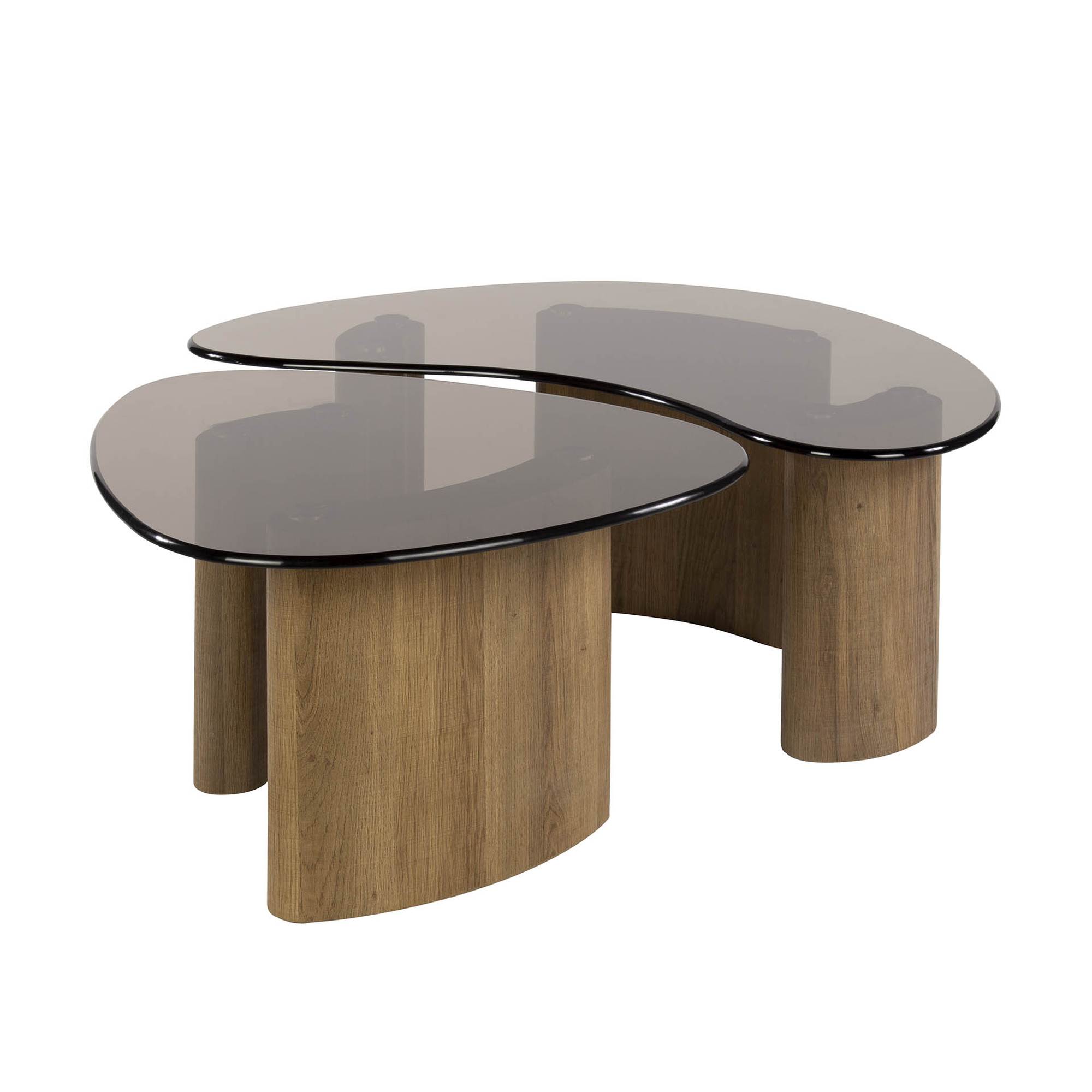 Otin Couchtisch-Set mit Rauchglasplatten und Gestell in Eichenoptik, Organisch