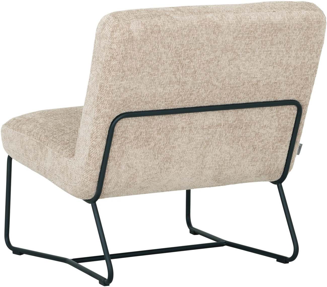 Der Sessel Zola überzeugt mit seinem modernen Design. Gefertigt wurde er aus Stoff, welcher einen Sand Farbton besitzt. Das Gestell ist aus Metall und hat eine schwarze Farbe. Der Sessel besitzt eine Größe von 80x78x80 cm.