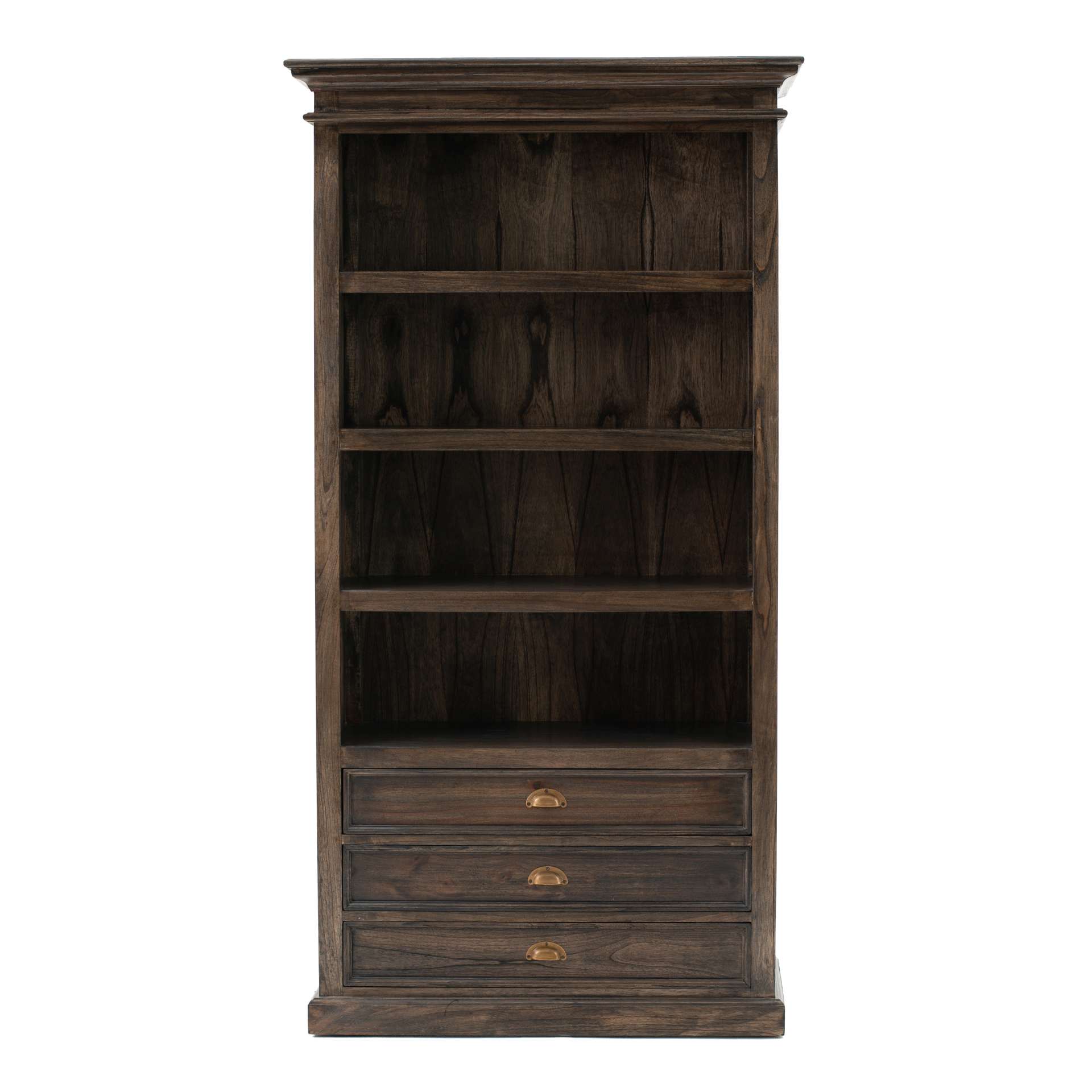 Der Bücherregal Halifax Mindi überzeugt mit seinem Landhaus Stil. Gefertigt wurde er aus Mindi Holz, welches einen braunen Farbton besitzt. Das Regal verfügt über drei Schubladen und vier offene Fächer. Die Breite beträgt 100 cm.