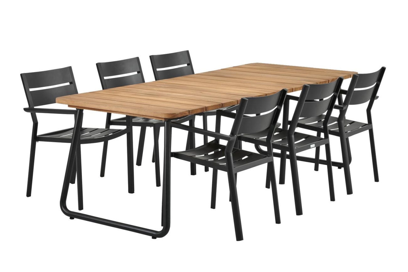 Der Gartenesstisch Nolli überzeugt mit seinem modernen Design. Gefertigt wurde die Tischplatte aus Teakholz und hat einen natürlichen Farbton. Das Gestell ist auch aus Metall und hat eine schwarze Farbe. Der Tisch besitzt eine Länge von 225 cm.