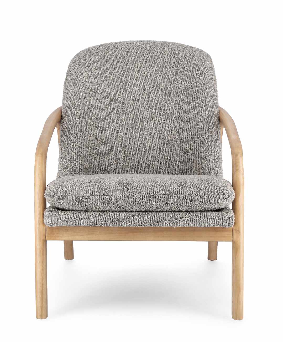 Der Sessel Elaide überzeugt mit seinem modernen Stil. Gefertigt wurde er aus Bouclè-Stoff, welcher einen grauen Farbton besitzt. Das Gestell ist aus Kautschukholz und hat eine natürliche Farbe. Der Sessel verfügt über eine Armlehne.