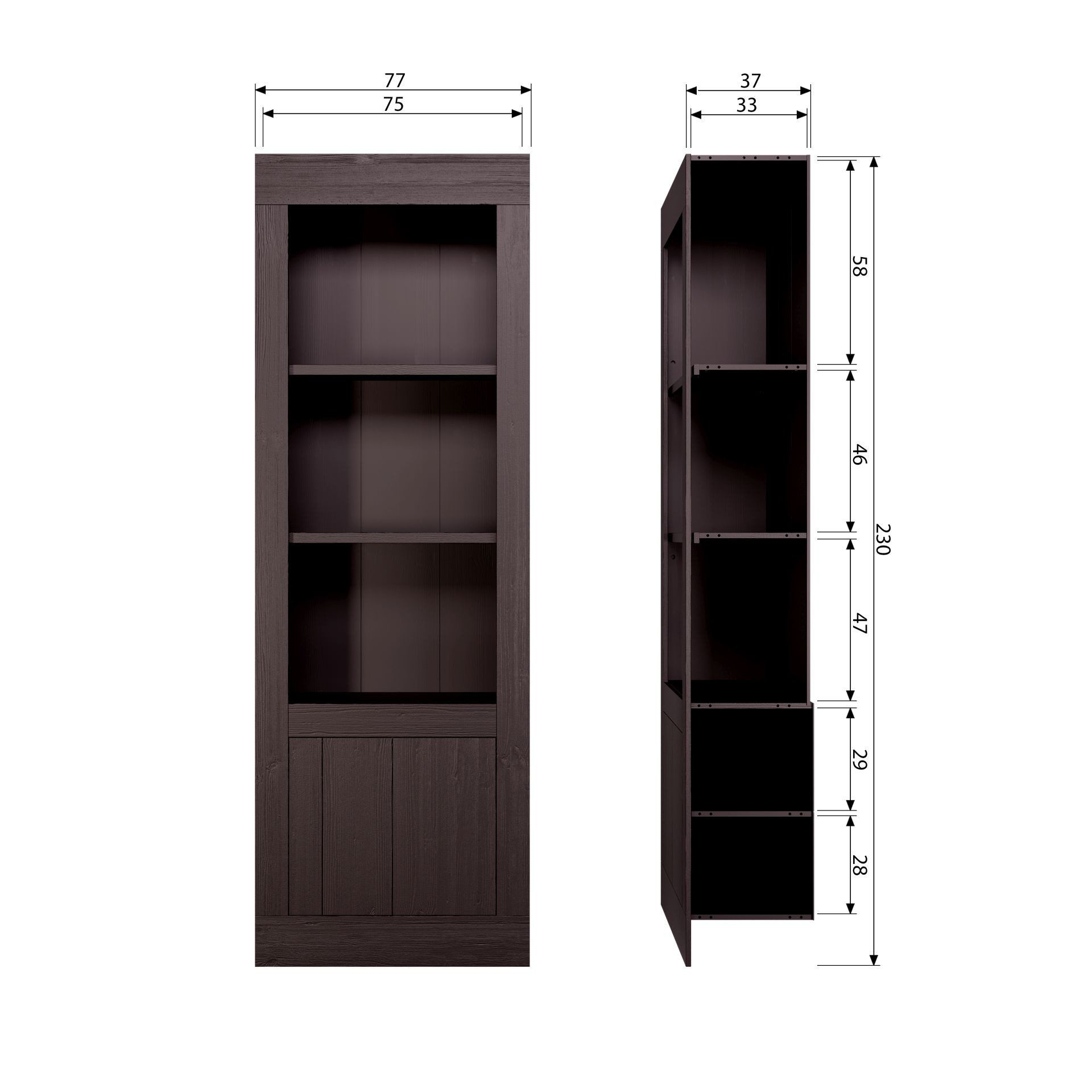 Das Bücherregal Yumi überzeugt mit seinem modernem Design. Gefertigt wurde es aus Kiefernholz, welches einen dunkelbraunen Farbton besitzt. Das Regal verfügt über eine Tür und drei Fächer. Die Breite beträgt 78 cm.