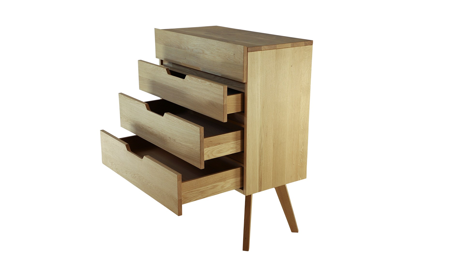 Das Kommode Dweller im Skandinavisch Design verfügt über vier Schubladen. Gefertigt wurde es aus Eichenholz. Designet wurde das Sideboard von der Marke Jan Kurtz.