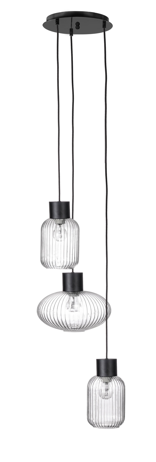 Die Hängeleuchte Showy überzeugt mit ihrem modernen Design. Gefertigt wurde sie aus Metall, welches einen schwarzen Farbton besitzt. Die Lampenschirme sind aus Glas und sind klar. Die Lampe besitzt eine Höhe von 150 cm.