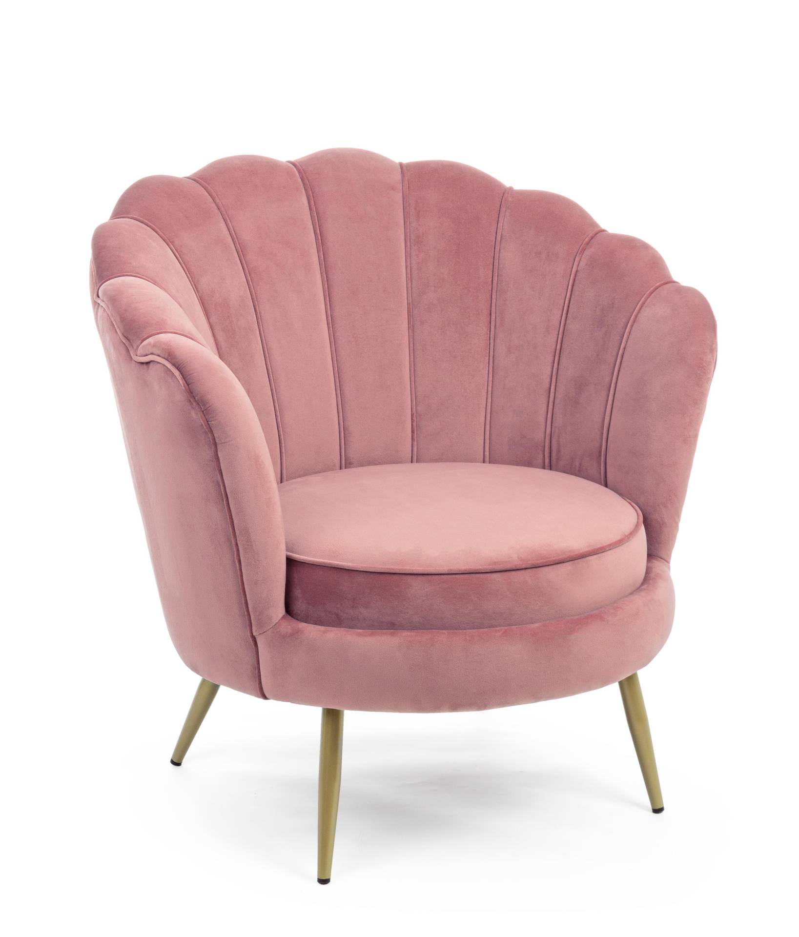 Der Sessel Giliola überzeugt mit seinem modernen Design. Gefertigt wurde er aus Stoff in Samt-Optik, welcher einen rosa Farbton besitzt. Das Gestell ist aus Metall und hat eine goldene Farbe. Der Sessel besitzt eine Sitzhöhe von 45 cm. Die Breite beträgt 