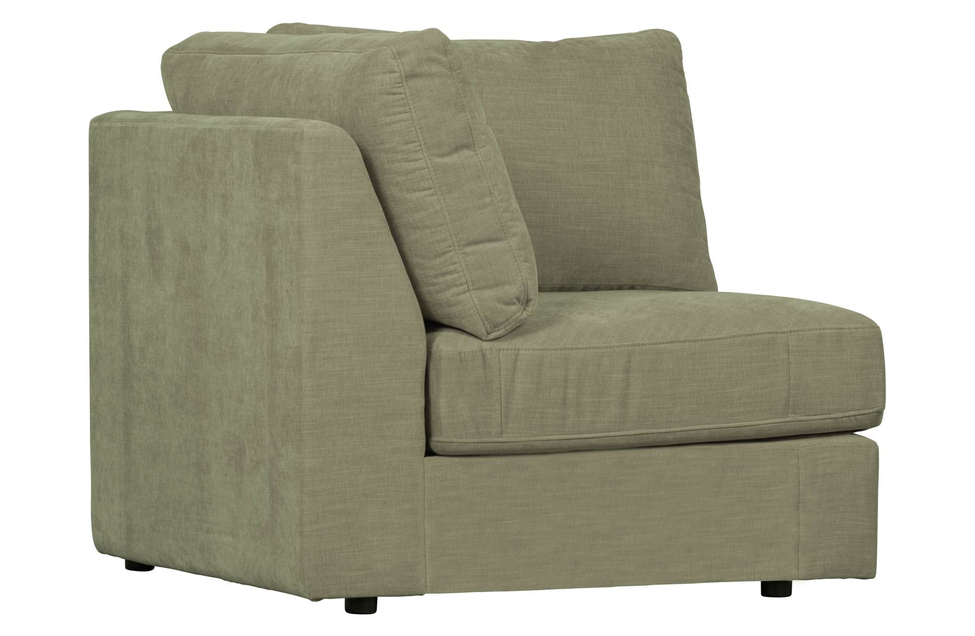 Das Modulsofa Family überzeugt mit seinem modernen Design. Das Eck Element wurde aus Gewebe-Stoff gefertigt, welcher einen einen grünen Farbton besitzen. Das Gestell ist aus Metall und hat eine schwarze Farbe. Das Element hat eine Sitzhöhe von 44 cm.