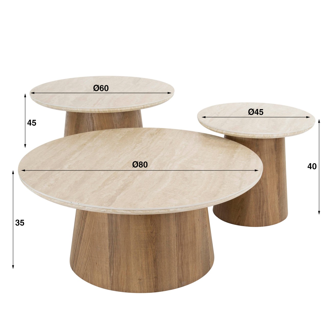 3er-Set Couchtisch Joradis - Keramik in Travertin-Optik, Rund