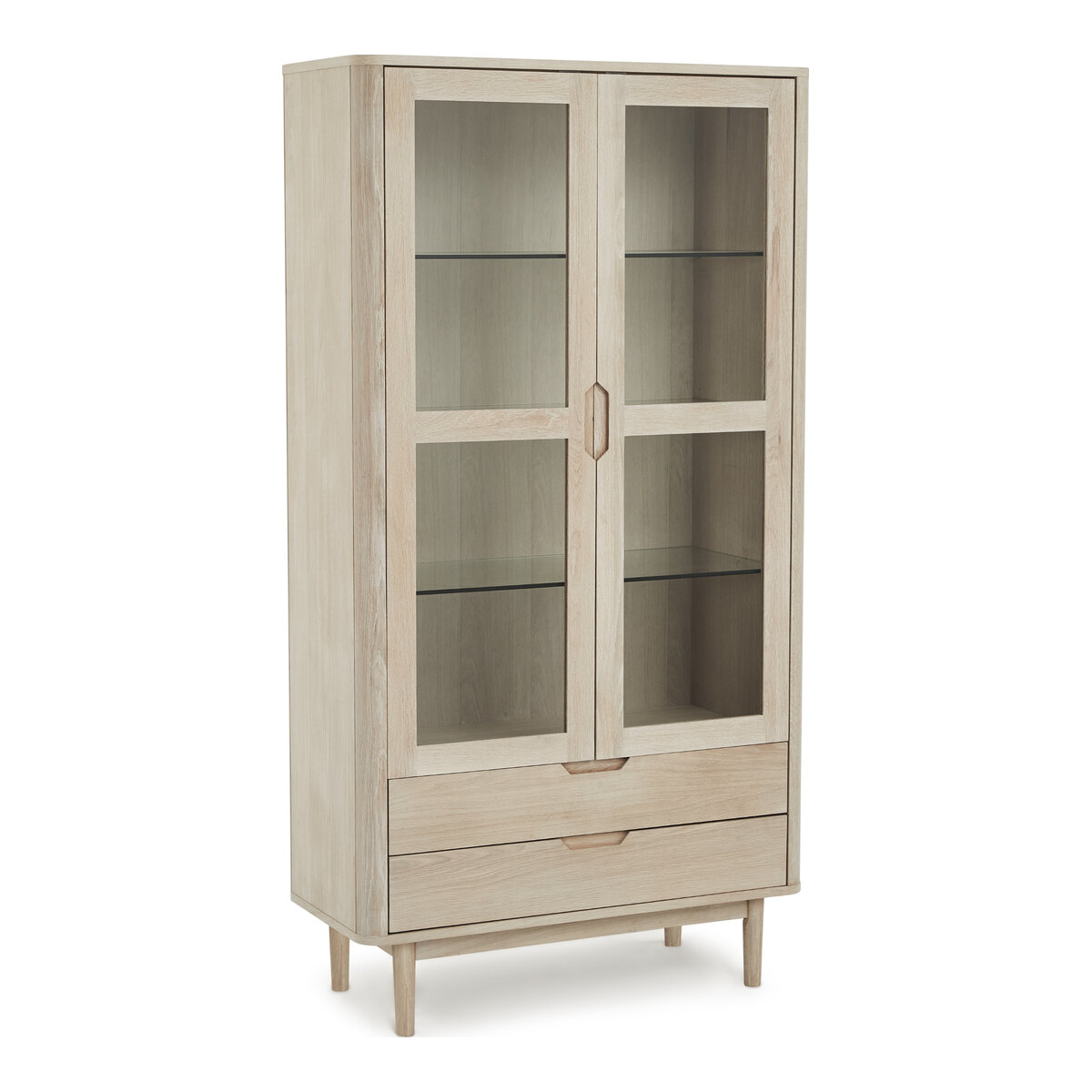 Vitrine Gorbin 190 cm Eiche Whitewash - 2 Türen, 2 Schubladen, LED & Soft-Close