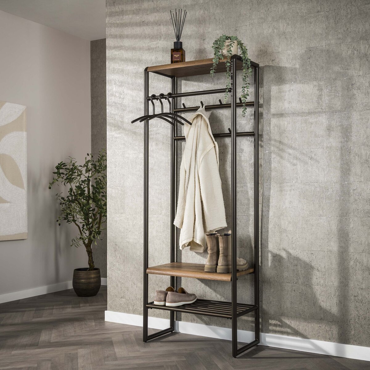 Garderobenmöbel Onul 70 cm Metall Bronze mit Ablagen in Eichenoptik