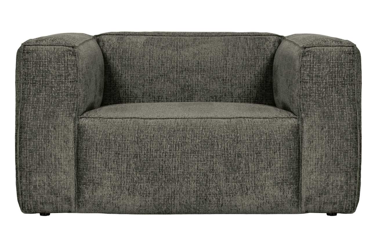Der Sessel Bean überzeugt mit seinem modernen Stil. Gefertigt wurde es aus Struktursamt, welches einen graugrünen Farbton besitzt. Das Gestell ist aus Kunststoff und hat eine schwarze Farbe. Das Sessel besitzt eine Größe von 146x98 cm.