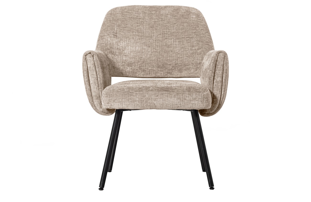 Der Esszimmerstuhl Silk überzeugt mit seinem modernen Stil. Gefertigt wurde er aus groben Occa-Samt, welches einen Beigen Farbton besitzt. Das Gestell ist aus Metall und hat eine schwarze Farbe. Der Stuhl verfügt über eine Sitzhöhe von 44 cm.