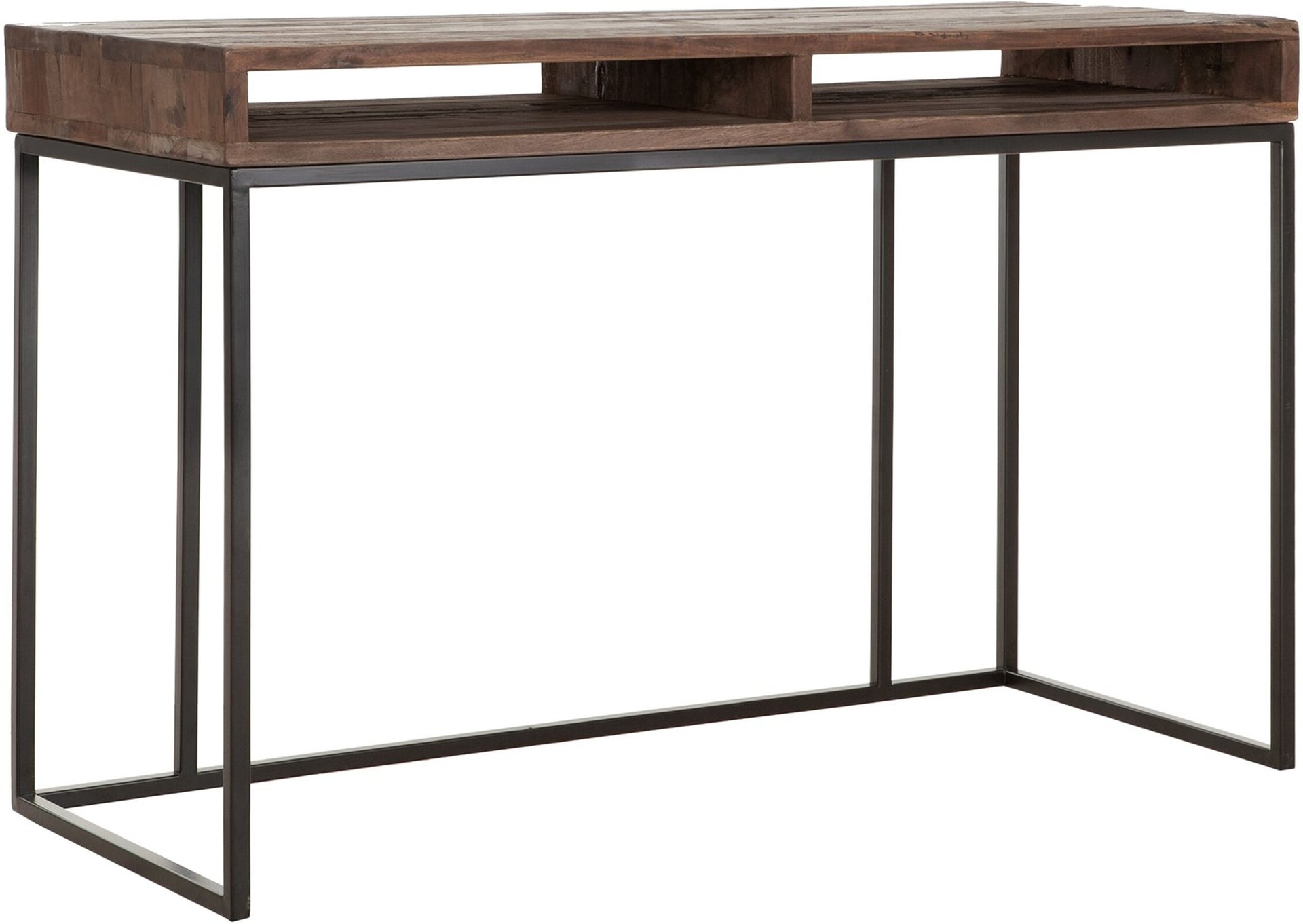 Der Schreibtisch Timber wurde aus verschiedenen Holzarten gefertigt. Das Gestell ist aus Metall uns ist Schwarz.Der Tisch überzeugt mit seinem massivem aber auch modernen Design. Der Schreibtisch verfügt über zwei Fächer.