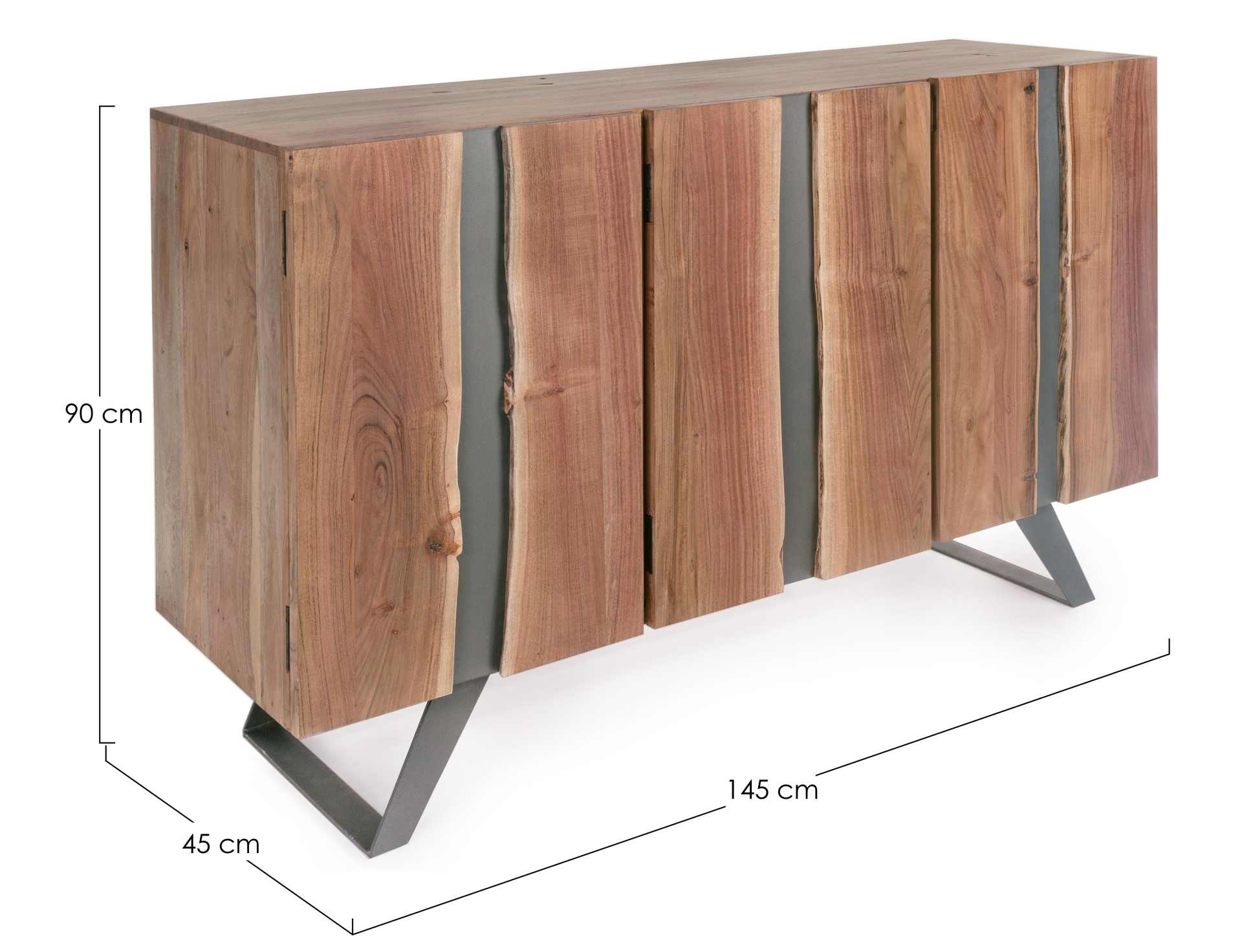 Das Sideboard Aron überzeugt mit seinem modernen Design. Gefertigt wurde es aus Akazien-Holz, welches einen natürlichen Farbton besitzt. Das Gestell ist aus Metall und hat eine schwarze Farbe. Das Sideboard verfügt über drei Türen. Die Breite beträgt 1454
