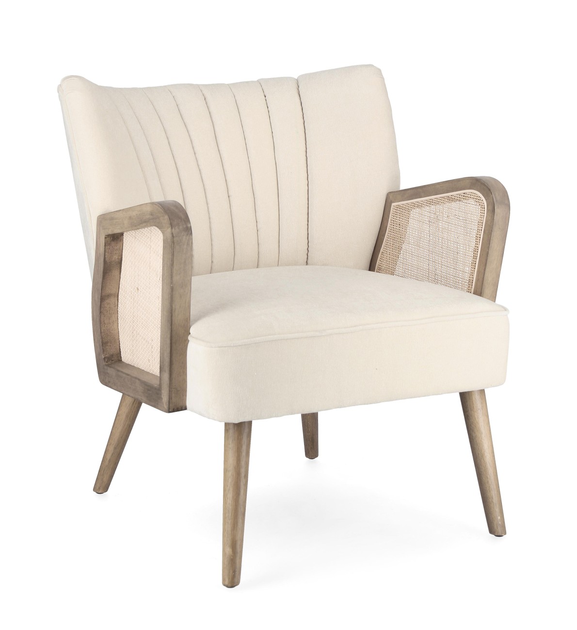 Der Sessel Virna überzeugt mit seinem modernen Stil. Gefertigt wurde er aus einem Stoff-Bezug, welcher einen Creme Farbton besitzt. Das Gestell ist aus Kautschukholz und hat eine braune Farbe. Der Sessel verfügt über eine Armlehne.