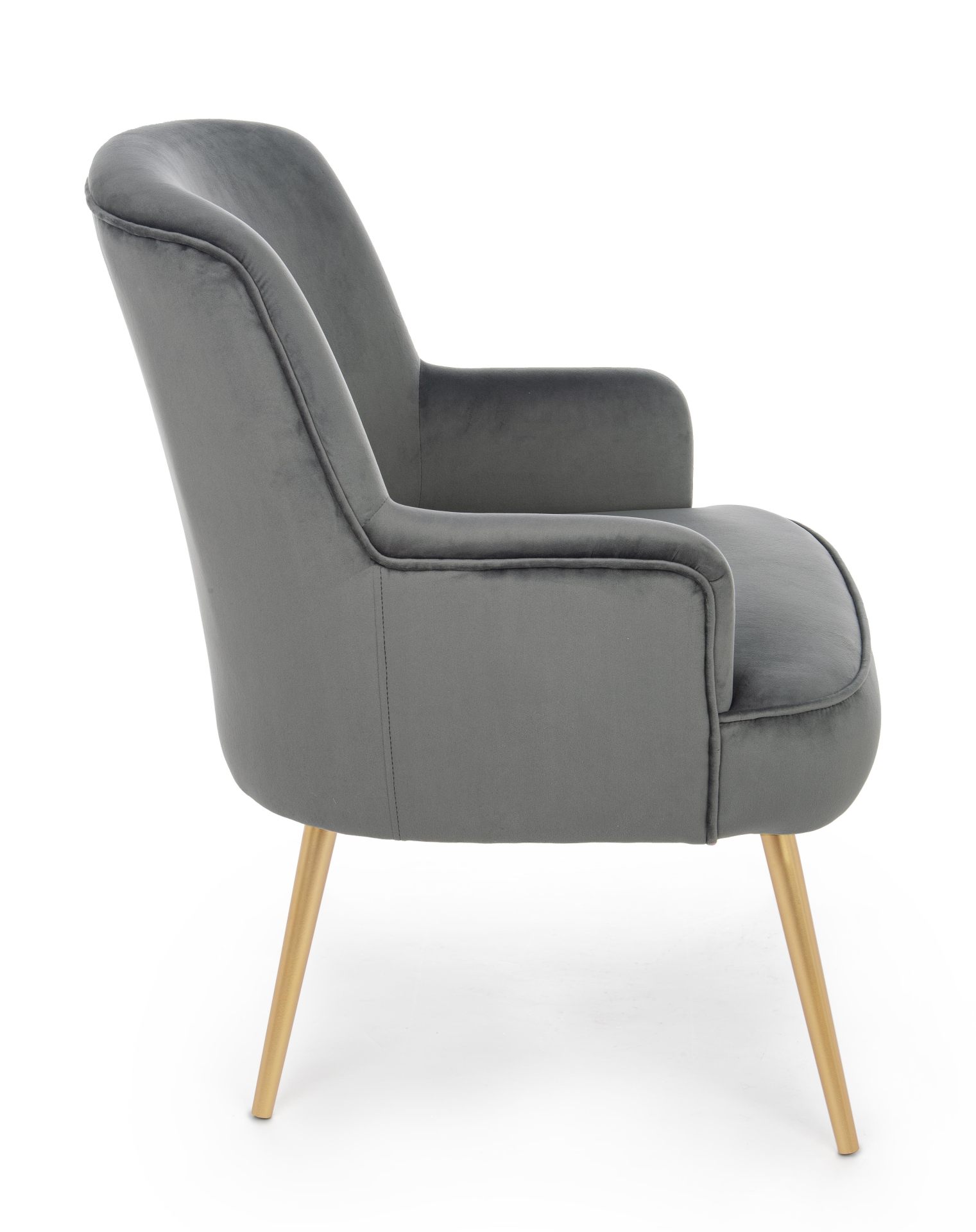 Der Sessel Clelia überzeugt mit seinem modernen Design. Gefertigt wurde er aus Stoff in Samt-Optik, welcher einen grauen Farbton besitzt. Das Gestell ist aus Metall und hat eine goldene Farbe. Der Sessel besitzt eine Sitzhöhe von 43 cm. Die Breite beträgt