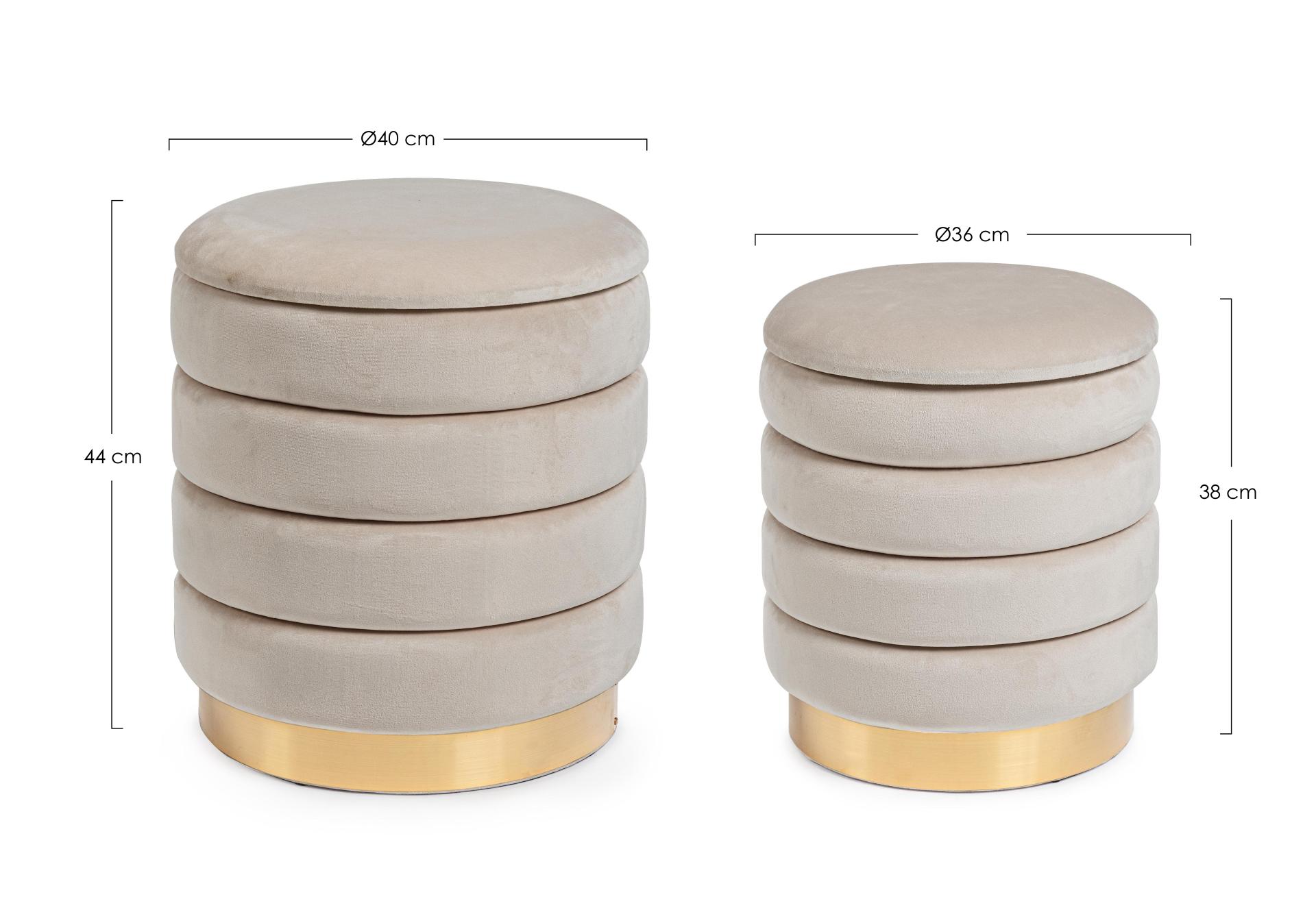 Pouf 2er-Set mit Stauraum, Samt, rund, beige-gold