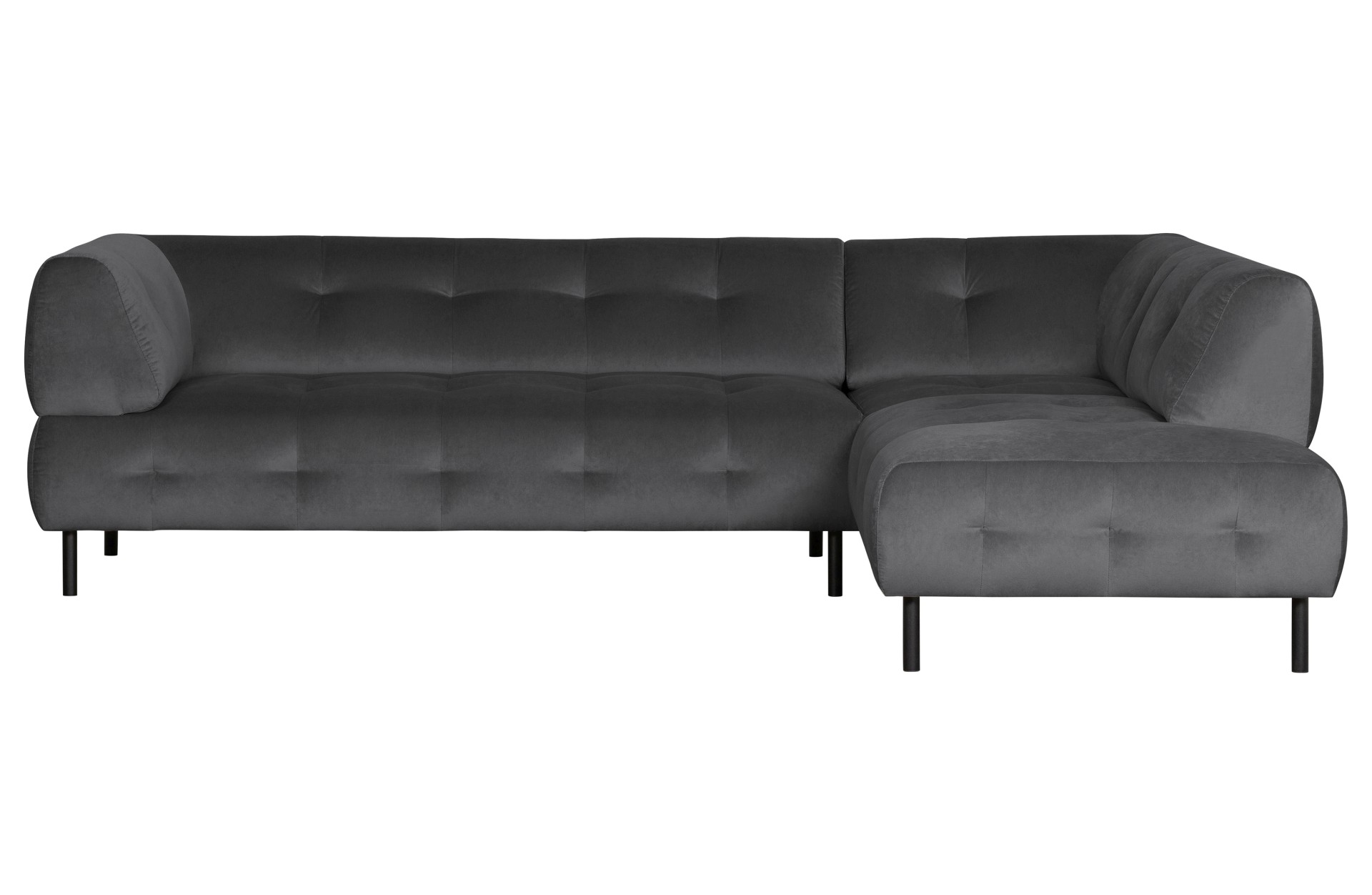 Das Ecksofa Lloyd überzeugt mit seinem modernem Design. Gefertigt wurde das Sofa aus einem Samt Bezug, welcher einen Schwarz Farbton besitzt. Die Beine sind aus Metall und sind schwarz.