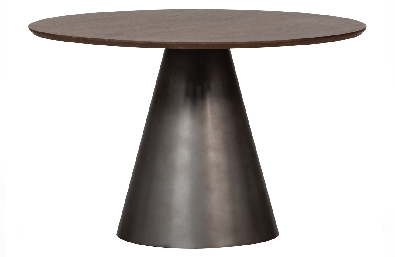 Der Esstisch Maggie überzeugt mit seinem modernen Design. Gefertigt wurde er aus Mangoholz, welches einen braunen Farbton besitzt. Das Gestell ist aus Metall und hat eine antikschwarze Farbe. Der Esstisch besitzt einen Durchmesser von 120 cm.