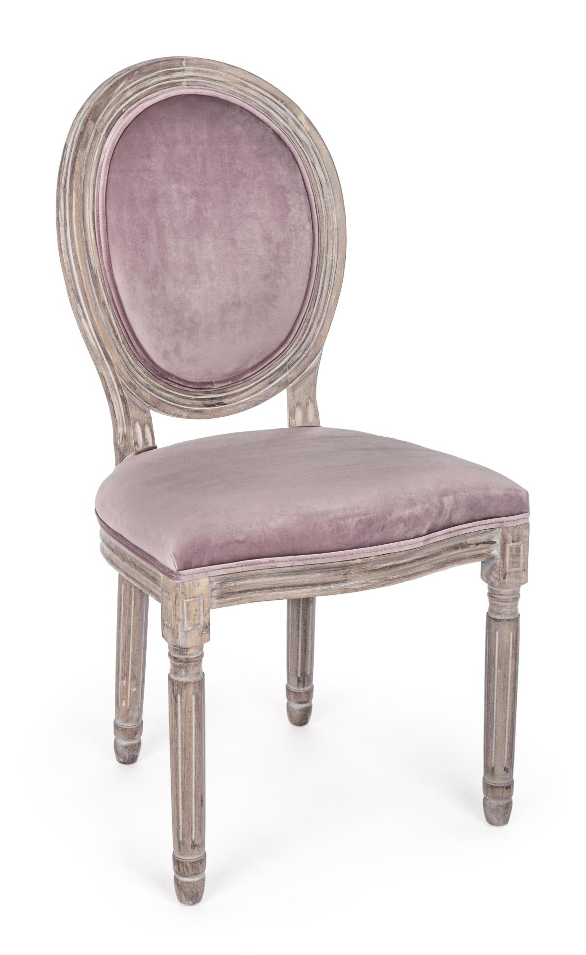 Der Stuhl Mathilde überzeugt mit seinem klassischem Design gefertigt wurde der Stuhl aus Birkenholz, welches natürlich gehalten ist. Die Sitz- und Rückenfläche ist aus einem Stoff-Bezug, welcher einen rosa Farbton besitzt und in einer Samt-Optik ist. Die 
