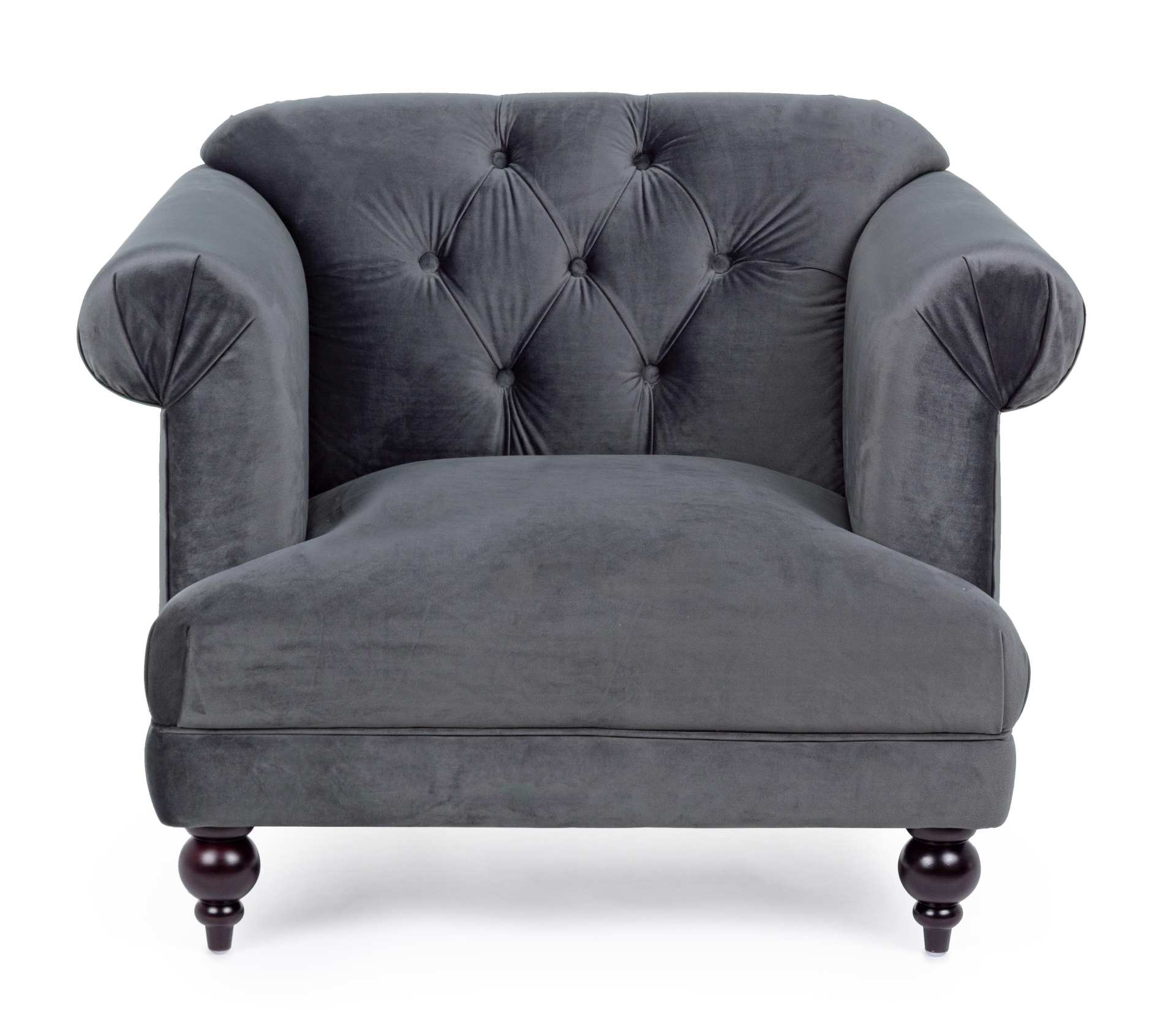 Der Sessel Blossom überzeugt mit seinem klassischen Design. Gefertigt wurde er aus Stoff in Samt-Optik, welcher einen grauen Farbton besitzt. Das Gestell ist aus Kautschukholz und hat eine schwarze Farbe. Der Sessel besitzt eine Sitzhöhe von 44 cm. Die Br