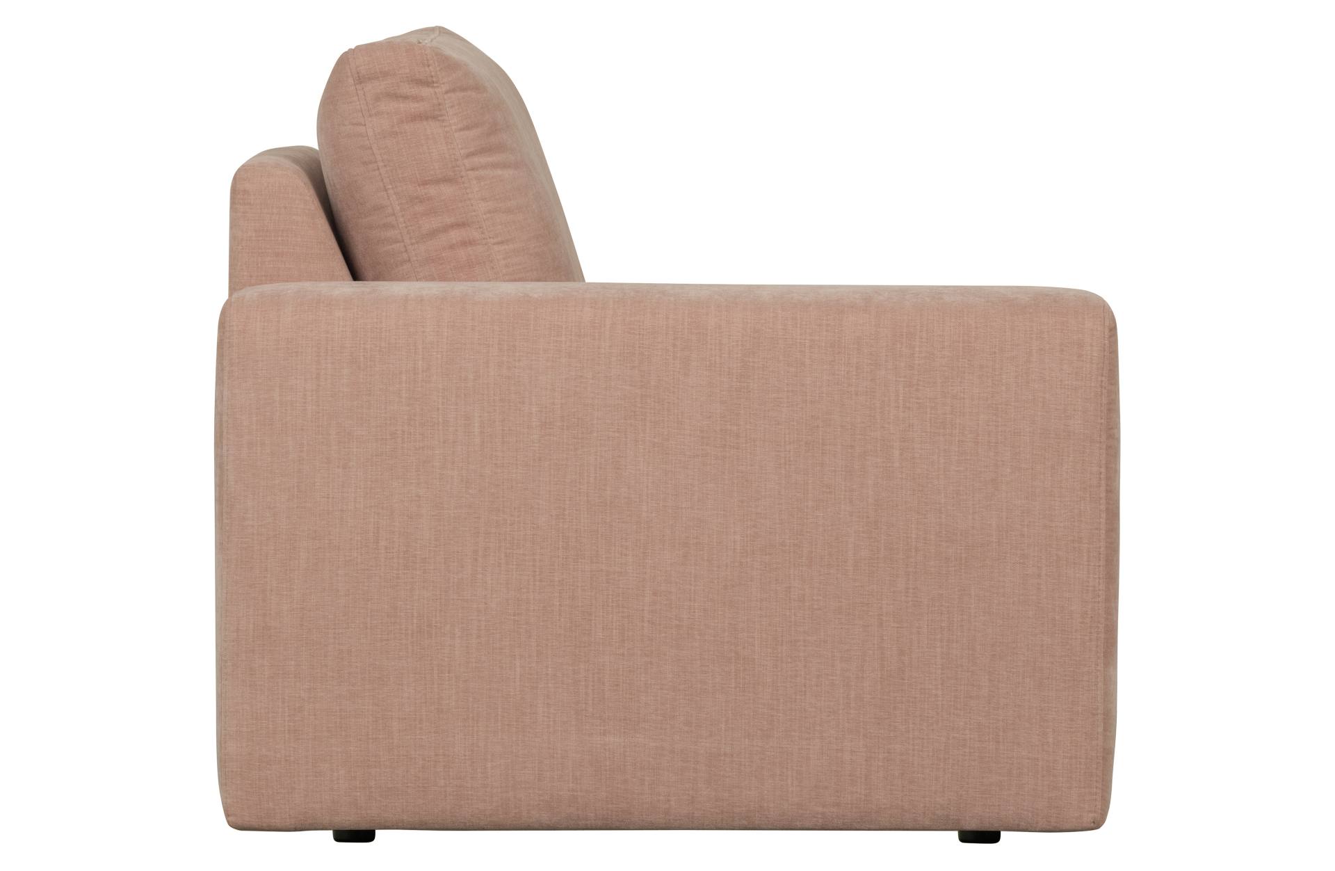 Das Modulsofa Family überzeugt mit seinem modernen Design. Das 1-Seat Element mit der Ausführung Links wurde aus Gewebe-Stoff gefertigt, welcher einen einen rosa Farbton besitzen. Das Gestell ist aus Metall und hat eine schwarze Farbe. Das Element hat ein