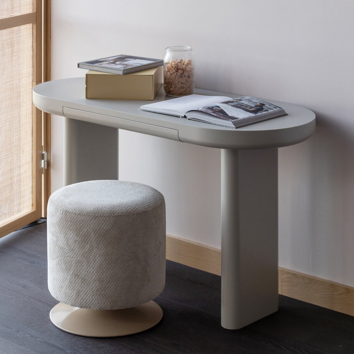 Polsterhocker Islen - Bouclé-Stoff Beige, mit Drehfuß