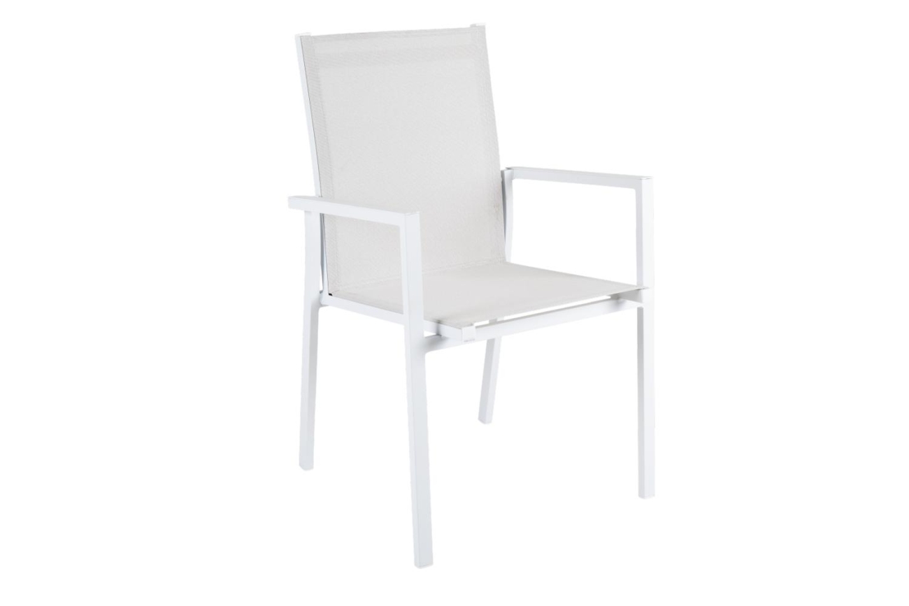 Der Gartenstuhl Avanti überzeugt mit seinem modernen Design. Gefertigt wurde er aus Textilene, welches einen weißen Farbton besitzt. Das Gestell ist aus Metall und hat eine weiße Farbe. Die Sitzhöhe des Stuhls beträgt 42 cm.