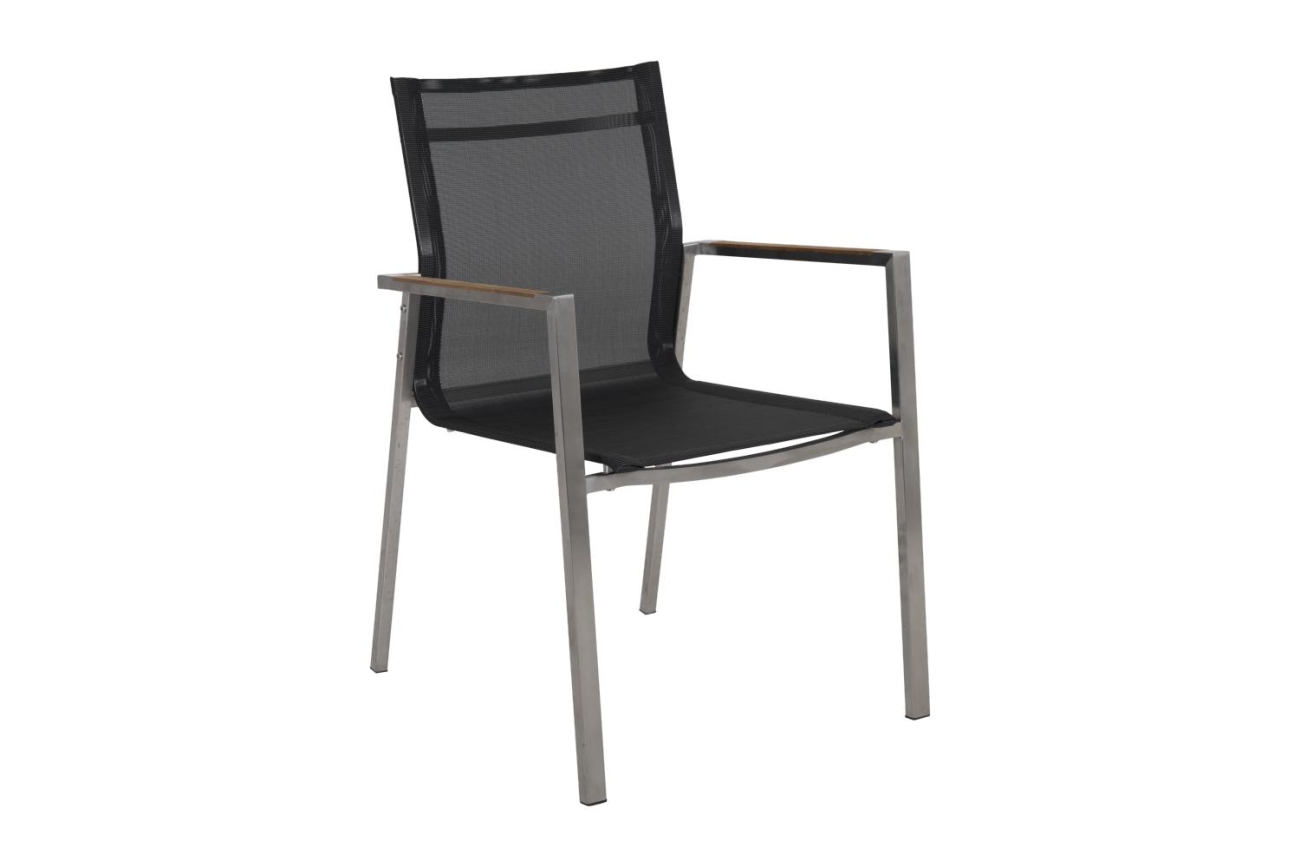 Der Gartenstuhl Naos überzeugt mit seinem modernen Design. Gefertigt wurde er aus Textilene, welcher einen schwarzen Farbton besitzt. Das Gestell ist aus Metall und hat eine silberne Farbe. Die Sitzhöhe des Stuhls beträgt 45 cm.