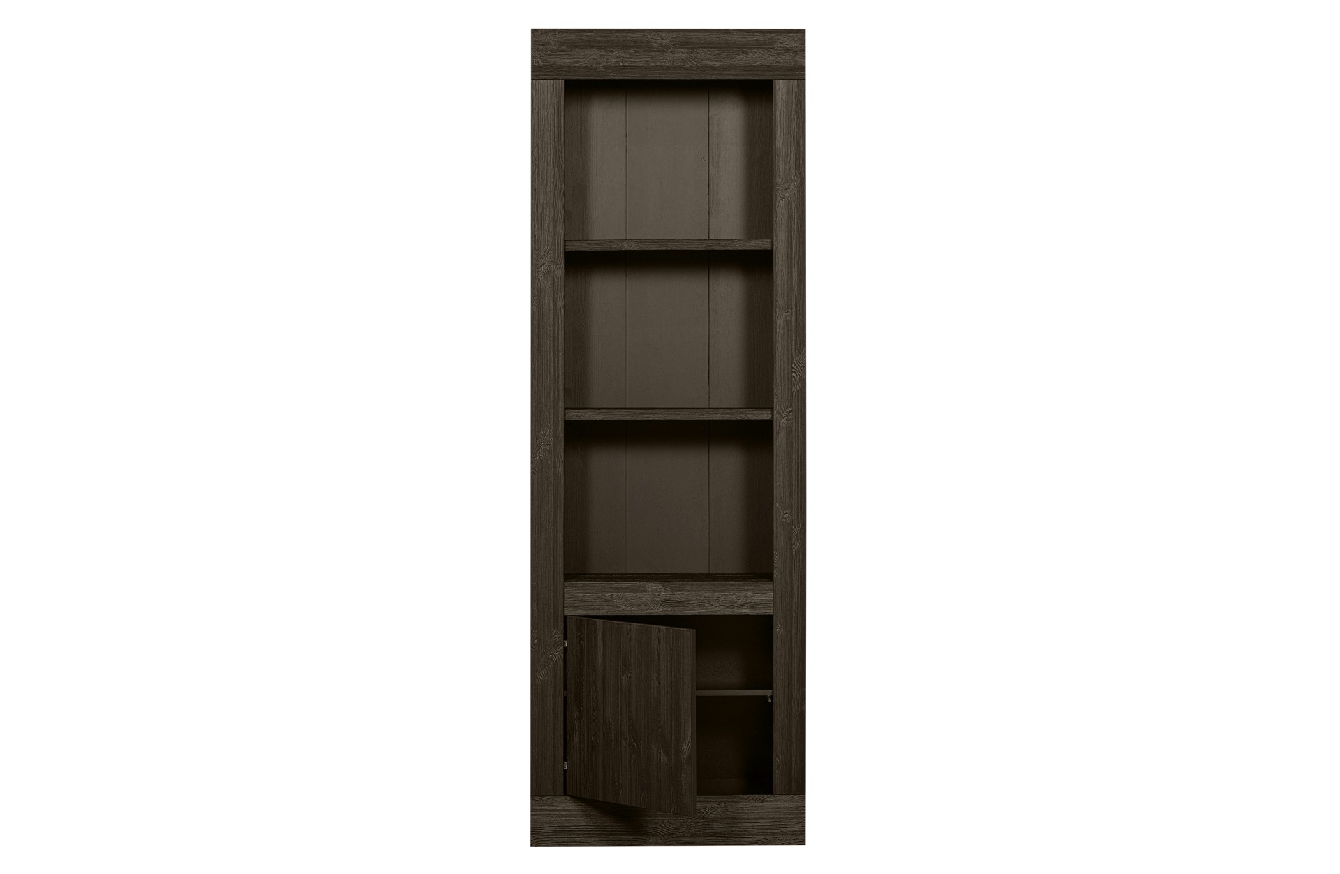 Das Bücherregal Yumi überzeugt mit seinem modernem Design. Gefertigt wurde es aus Kiefernholz, welches einen dunkelbraunen Farbton besitzt. Das Regal verfügt über eine Tür und drei Fächer. Die Breite beträgt 78 cm.