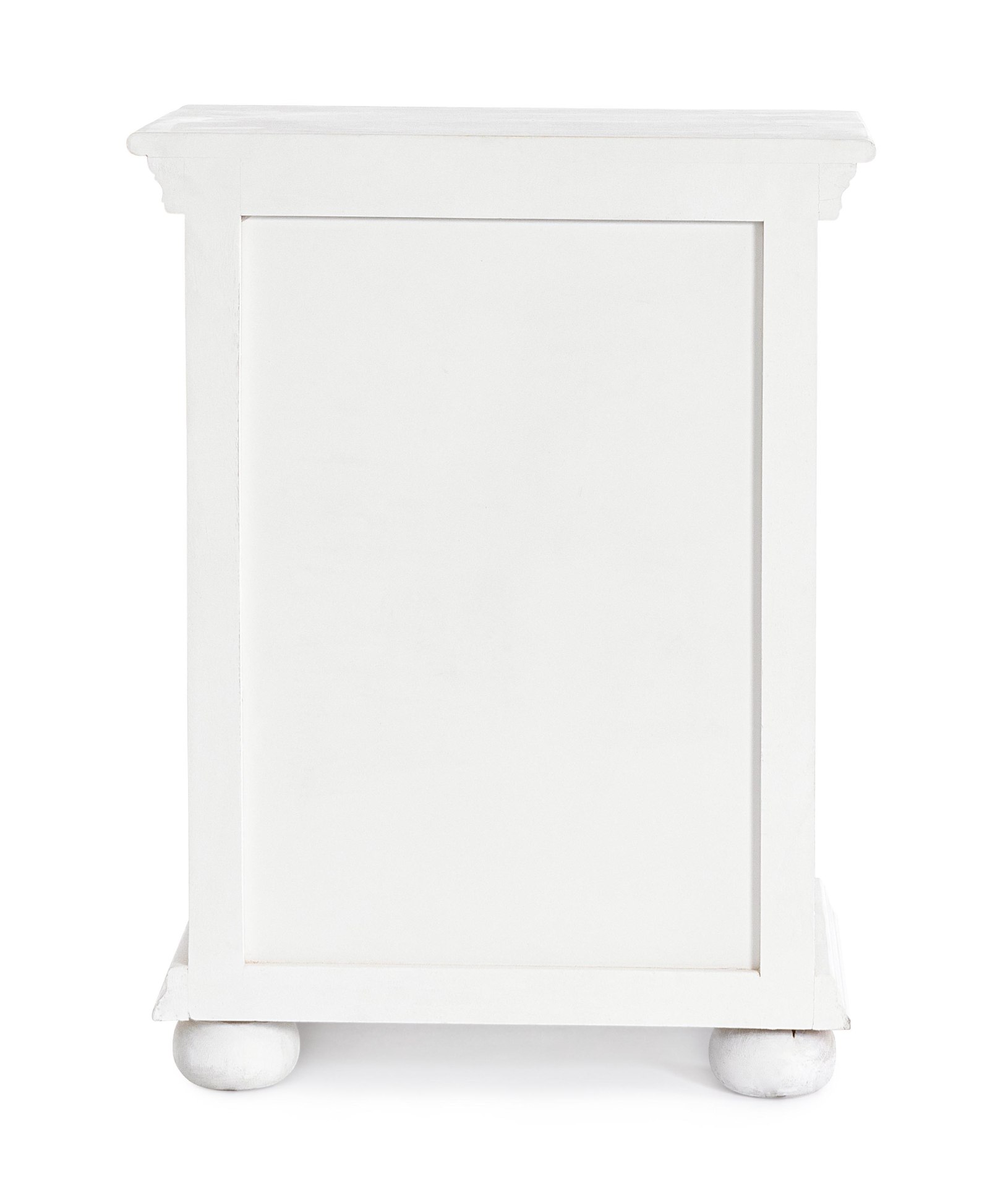 Der Nachttisch Alina überzeugt mit seinem klassischen Design. Gefertigt wurde er aus Mangoholz, welches einen weißen Farbton besitzt. Das Gestell ist auch aus Mangoholz. Der Nachttisch verfügt über eine Tür. Die Breite beträgt 50 cm.