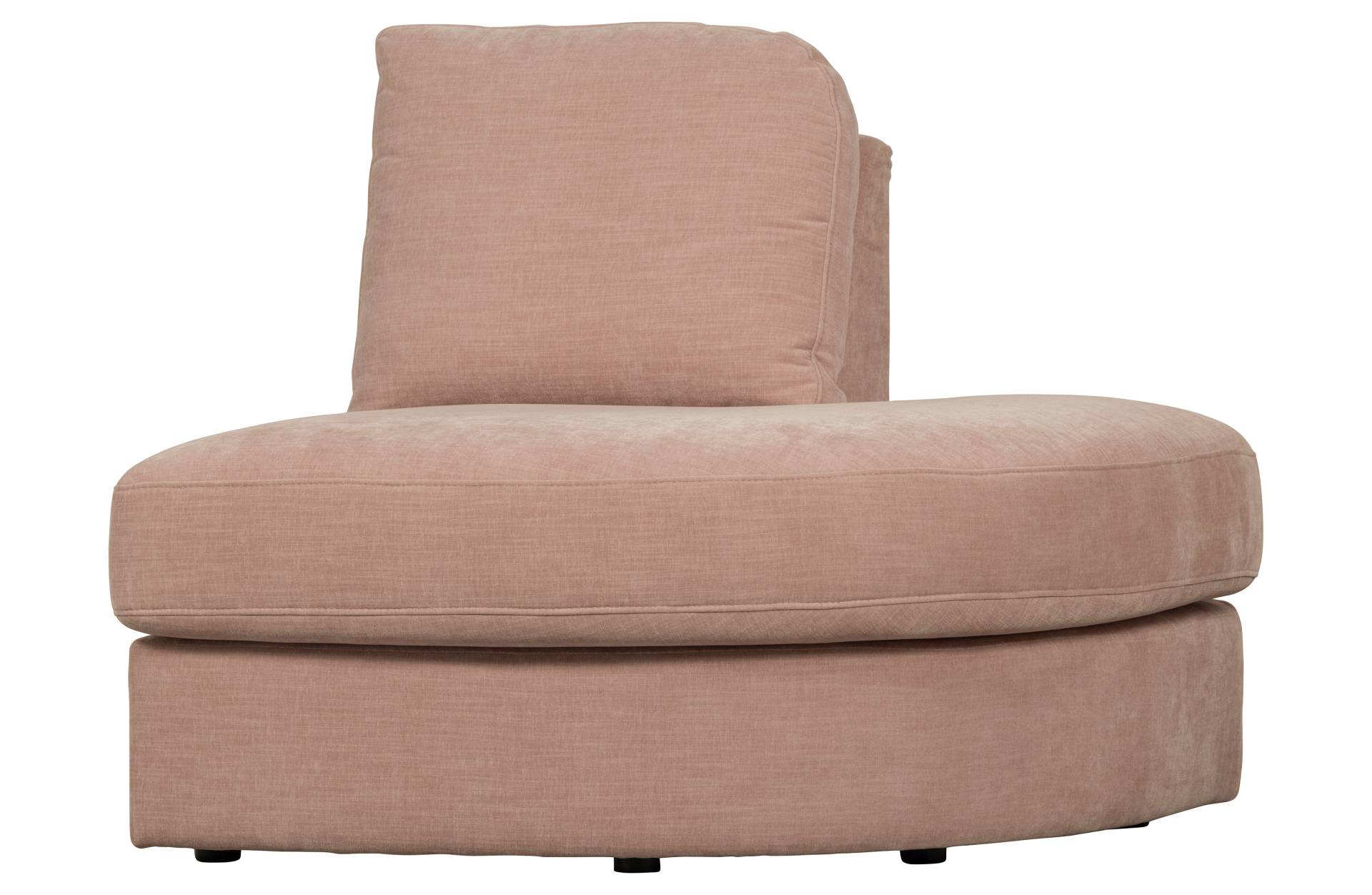 Das Modulsofa Family überzeugt mit seinem modernen Design. Das 1-Seat Eck Element mit der Ausführung Rechts wurde aus Gewebe-Stoff gefertigt, welcher einen einen rosa Farbton besitzen. Das Gestell ist aus Metall und hat eine schwarze Farbe. Das Element ha