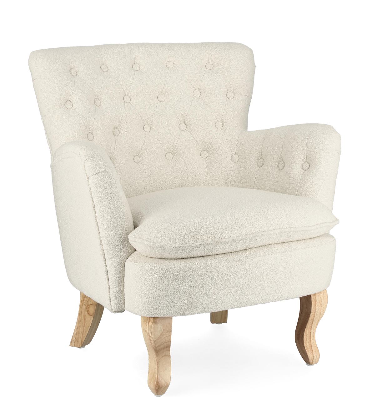 Der Sessel Orlins überzeugt mit seinem modernen Stil. Gefertigt wurde er aus Bouclè-Stoff, welcher einen Creme Farbton besitzt. Das Gestell ist aus Kiefernholz und hat eine natürliche Farbe. Der Sessel verfügt über eine Armlehne.
